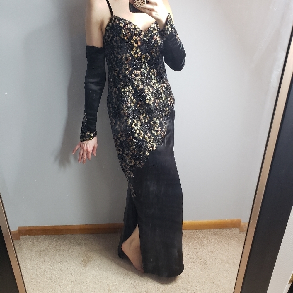Menekshe black silk gown beaded appliqué formal